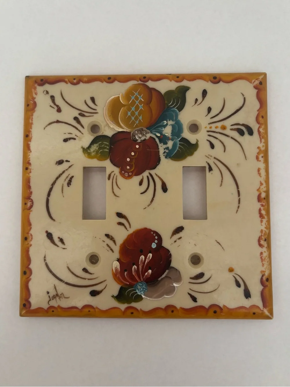 Scandinavian Folk Art Hand-Painted Double Toggle Vintage Plastic Switch Cover